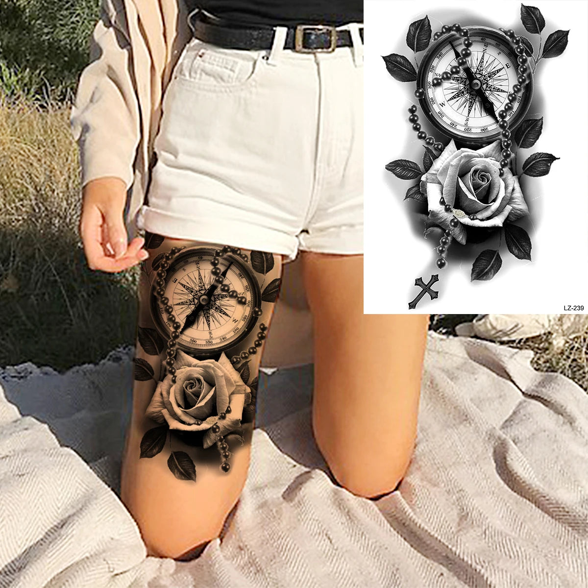 Dospita  -  3D Black Rose Flower Mandala Pendant Temporary Tattoos For Women Adult Lotus Peony Compass Fake Tattoo Sexy Thigh Washable Tatoo