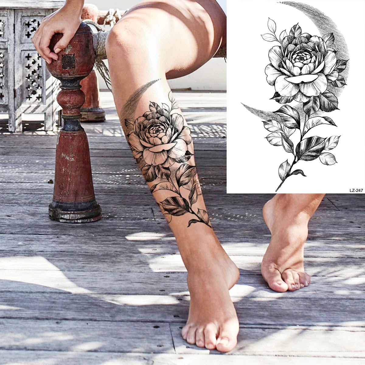 Dospita  -  3D Black Rose Flower Mandala Pendant Temporary Tattoos For Women Adult Lotus Peony Compass Fake Tattoo Sexy Thigh Washable Tatoo