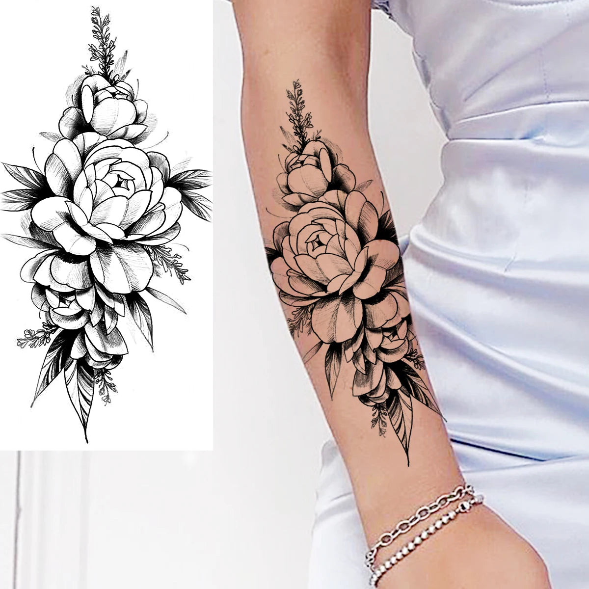 Dospita  -  Black Realistic Rose Flower Temporary Tattoos For Women Adult Girl Peony Realistic Fake Tattoowashable Half Sleeve Tatoos Decal