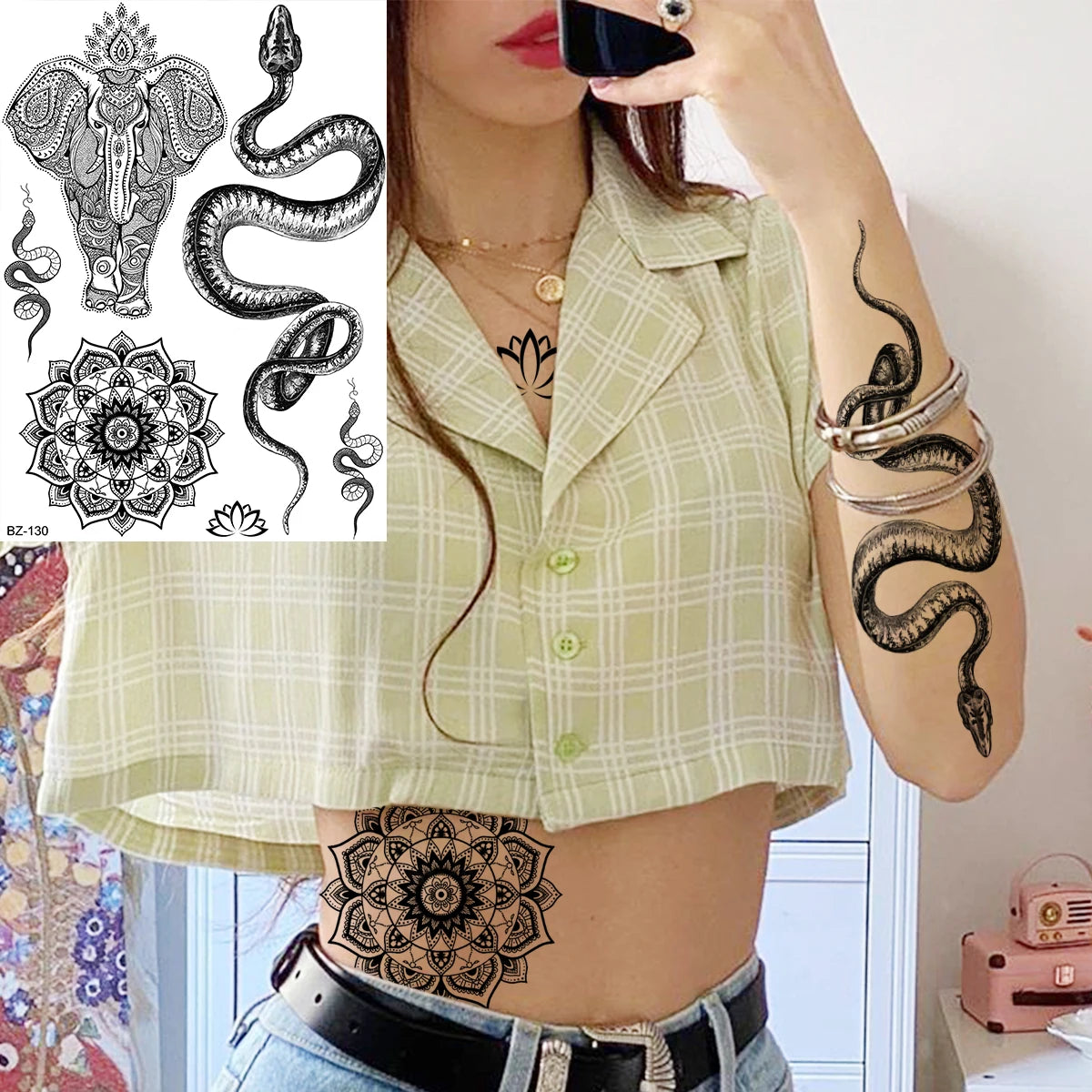 Dospita  -  Black Henna Lotus Pendant Temporary Tattoos For Women Adult DreamCatcher Elephant Fake Tattoo Body Art Underboob Tatoos