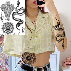 Dospita  -  Black Henna Lotus Pendant Temporary Tattoos For Women Adult DreamCatcher Elephant Fake Tattoo Body Art Underboob Tatoos