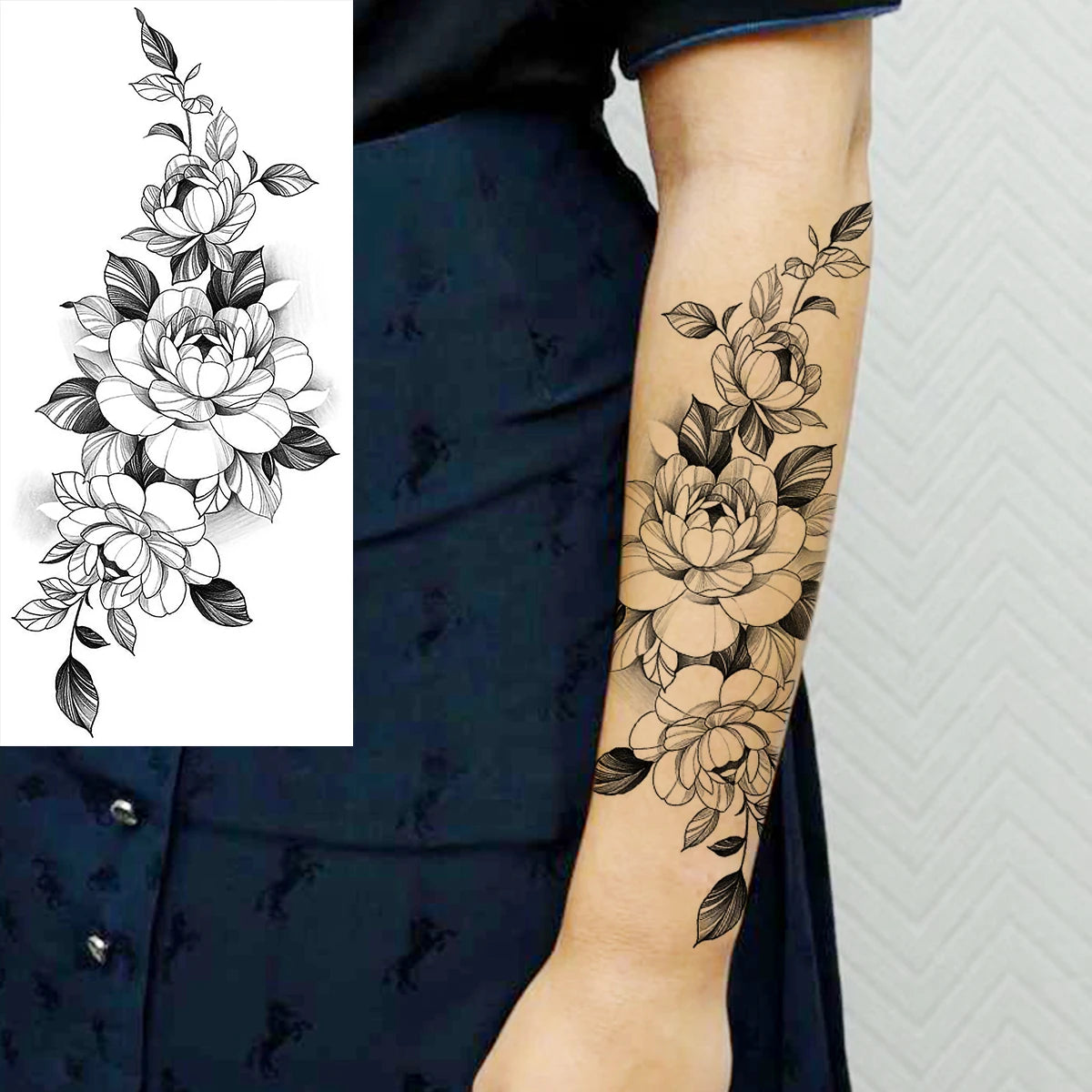 Dospita  -  Black Realistic Rose Flower Temporary Tattoos For Women Adult Girl Peony Realistic Fake Tattoowashable Half Sleeve Tatoos Decal