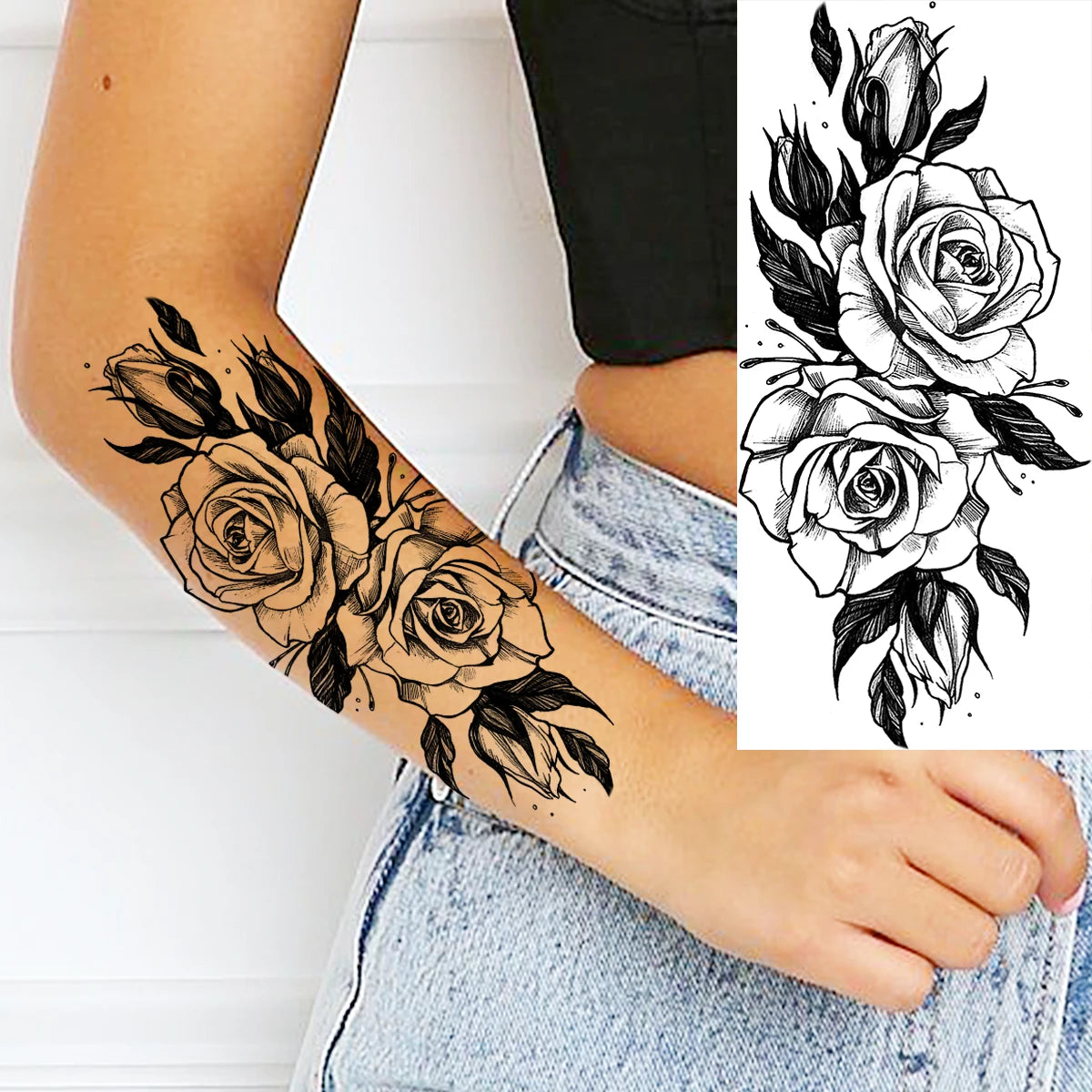 Dospita  -  Black Realistic Rose Flower Temporary Tattoos For Women Adult Girl Peony Realistic Fake Tattoowashable Half Sleeve Tatoos Decal