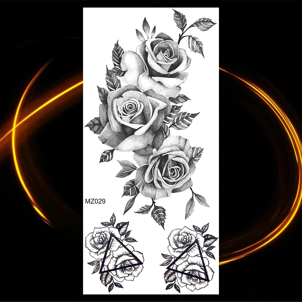 Dospita  -  Black Realistic Rose Flower Temporary Tattoos For Women Adult Girl Peony Realistic Fake Tattoowashable Half Sleeve Tatoos Decal