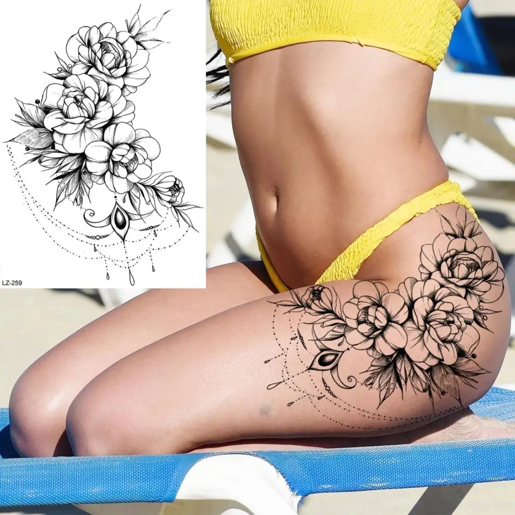 Dospita  -  3D Black Rose Flower Mandala Pendant Temporary Tattoos For Women Adult Lotus Peony Compass Fake Tattoo Sexy Thigh Washable Tatoo