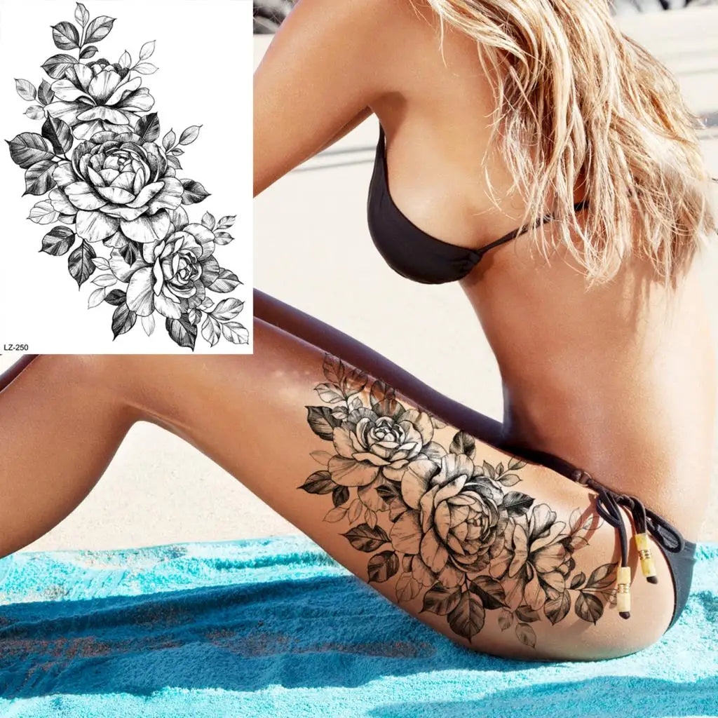 Dospita  -  3D Black Rose Flower Mandala Pendant Temporary Tattoos For Women Adult Lotus Peony Compass Fake Tattoo Sexy Thigh Washable Tatoo