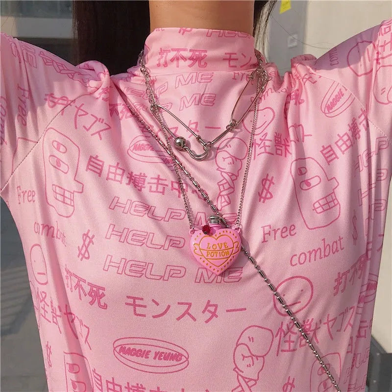 Dospita New Ins Hip-hop Three-dimensional Pink Heart Bottle Necklace Love Letter Bottle Pendant Necklaces For Women Fashion Jewelry