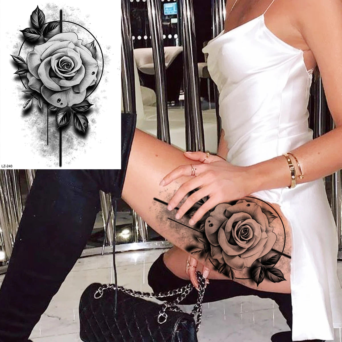 Dospita  -  3D Black Rose Flower Mandala Pendant Temporary Tattoos For Women Adult Lotus Peony Compass Fake Tattoo Sexy Thigh Washable Tatoo