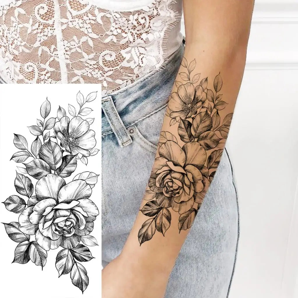 Dospita  -  Black Realistic Rose Flower Temporary Tattoos For Women Adult Girl Peony Realistic Fake Tattoowashable Half Sleeve Tatoos Decal