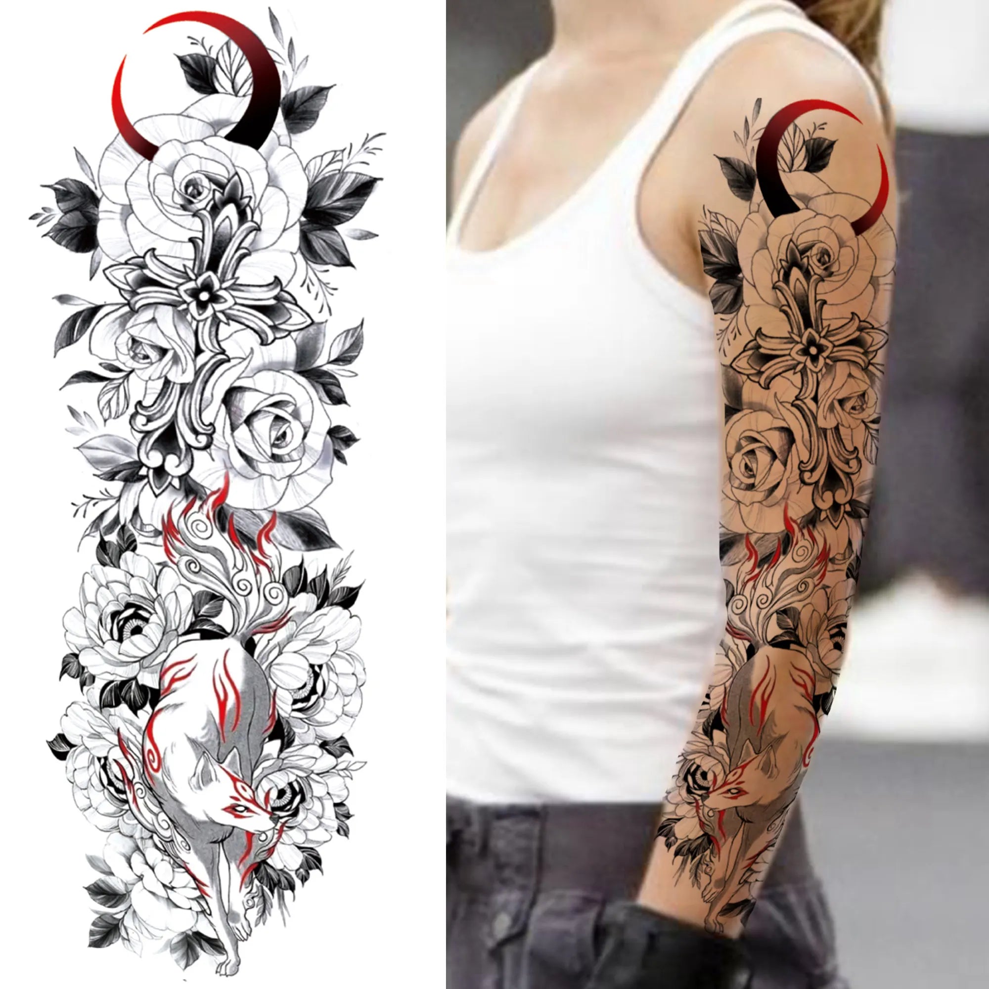 Dospita  -  Black Forest Wolf Temporary Tattoos Sleeve For Men Women Fake Soldier Compass Eye Tattoo Sticker Full Arm Washable Tatoos Sets