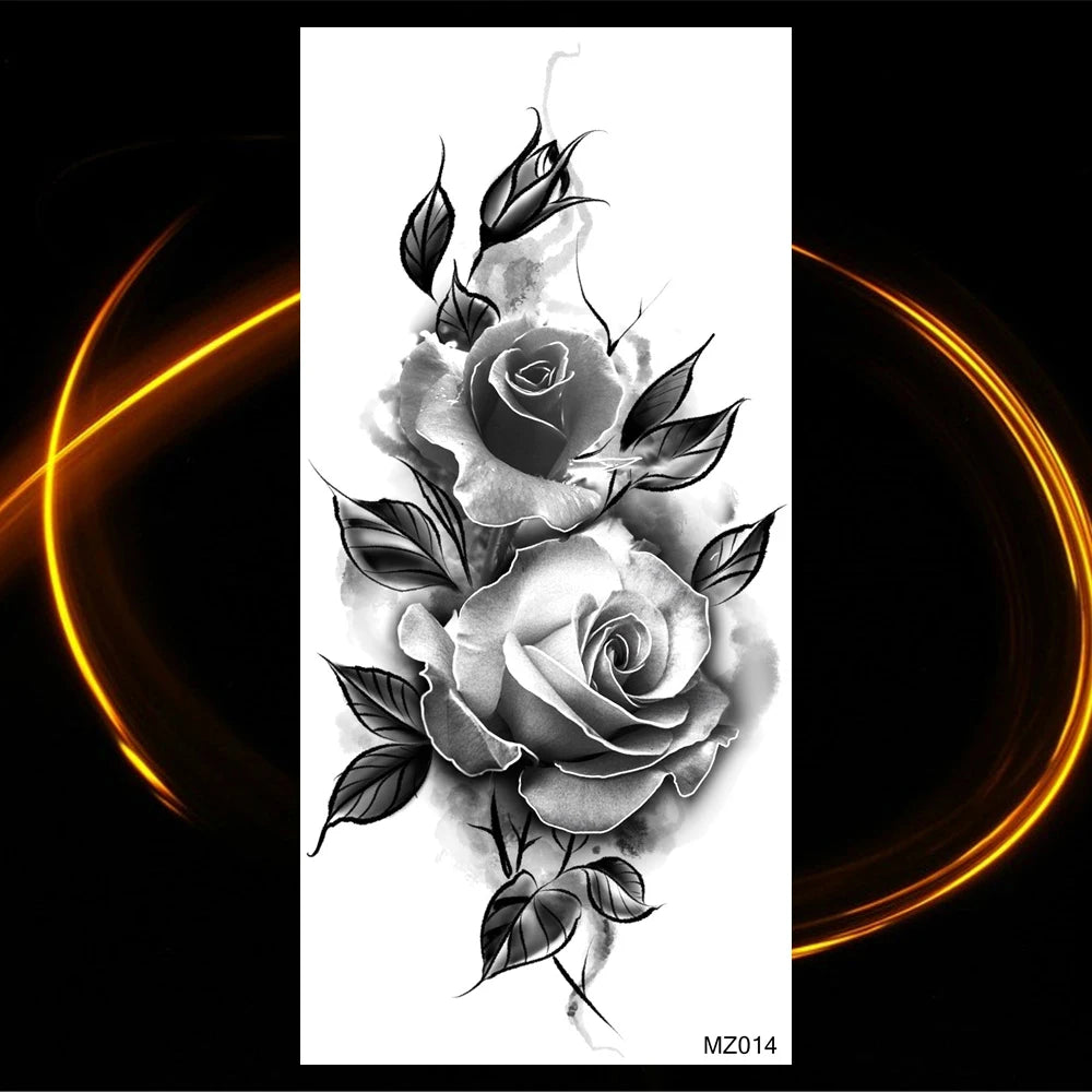 Dospita  -  Black Realistic Rose Flower Temporary Tattoos For Women Adult Girl Peony Realistic Fake Tattoowashable Half Sleeve Tatoos Decal