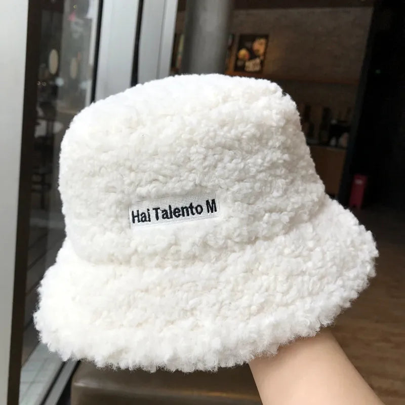 Dospita Lamb Wool Faux Fur Bucket Hat Winter Warm Teddy Velvet Hats for Women Lady Thicken Bob Panama Outdoor Fisherman Hat Caps