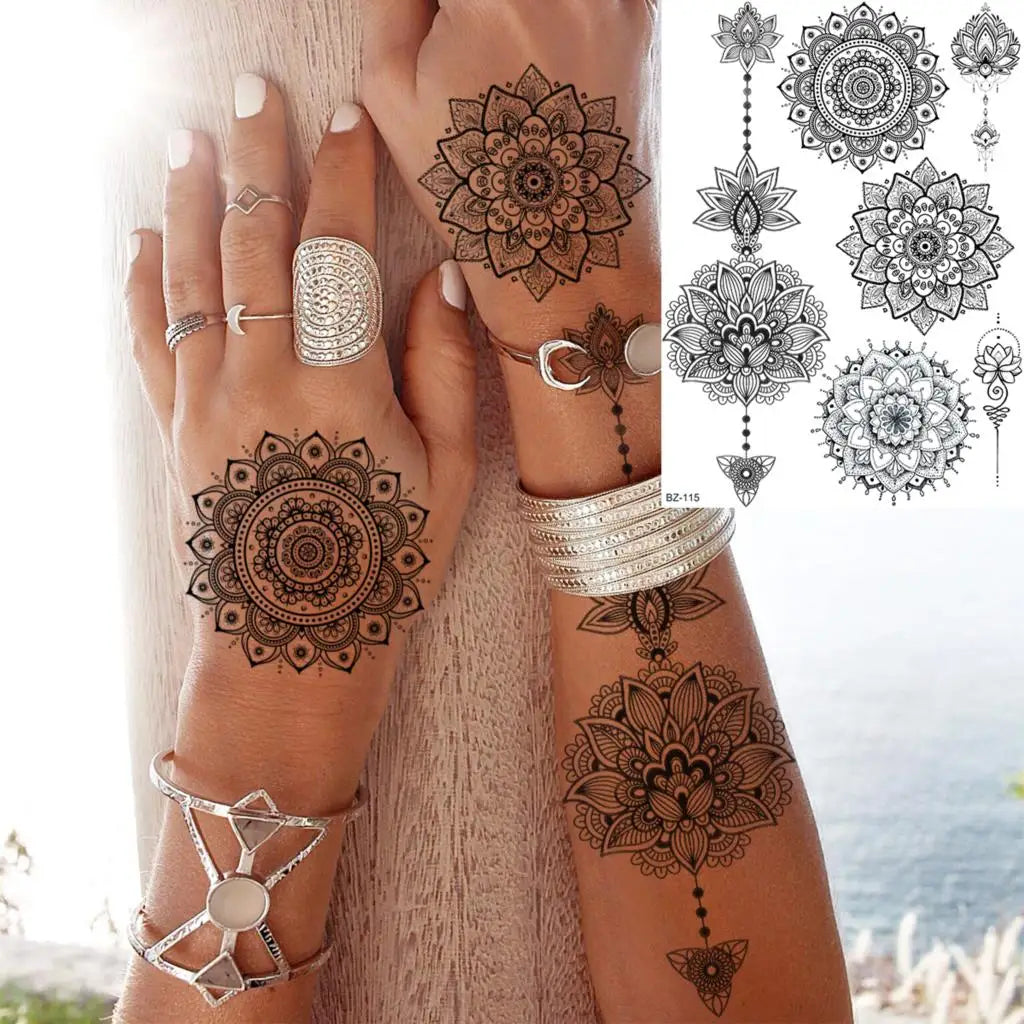 Dospita  -  Black Henna Lotus Pendant Temporary Tattoos For Women Adult DreamCatcher Elephant Fake Tattoo Body Art Underboob Tatoos