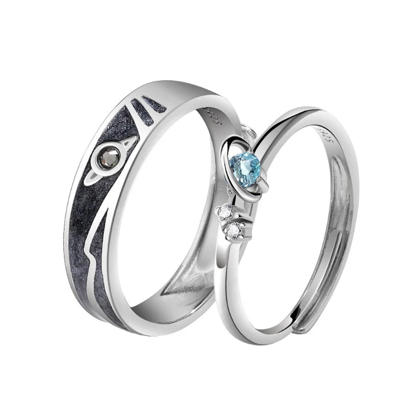 Dospita 2Pc Trendy Saturn Planet and Stars Universe Galaxy Silver Lover Ring Matching Set Sea Blue Fashion Jewelry