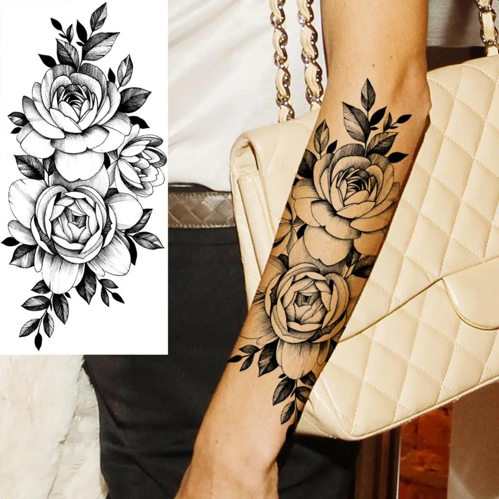 Dospita  -  Black Realistic Rose Flower Temporary Tattoos For Women Adult Girl Peony Realistic Fake Tattoowashable Half Sleeve Tatoos Decal