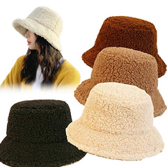 Dospita Lamb Wool Faux Fur Bucket Hat Winter Warm Teddy Velvet Hats for Women Lady Thicken Bob Panama Outdoor Fisherman Hat Caps