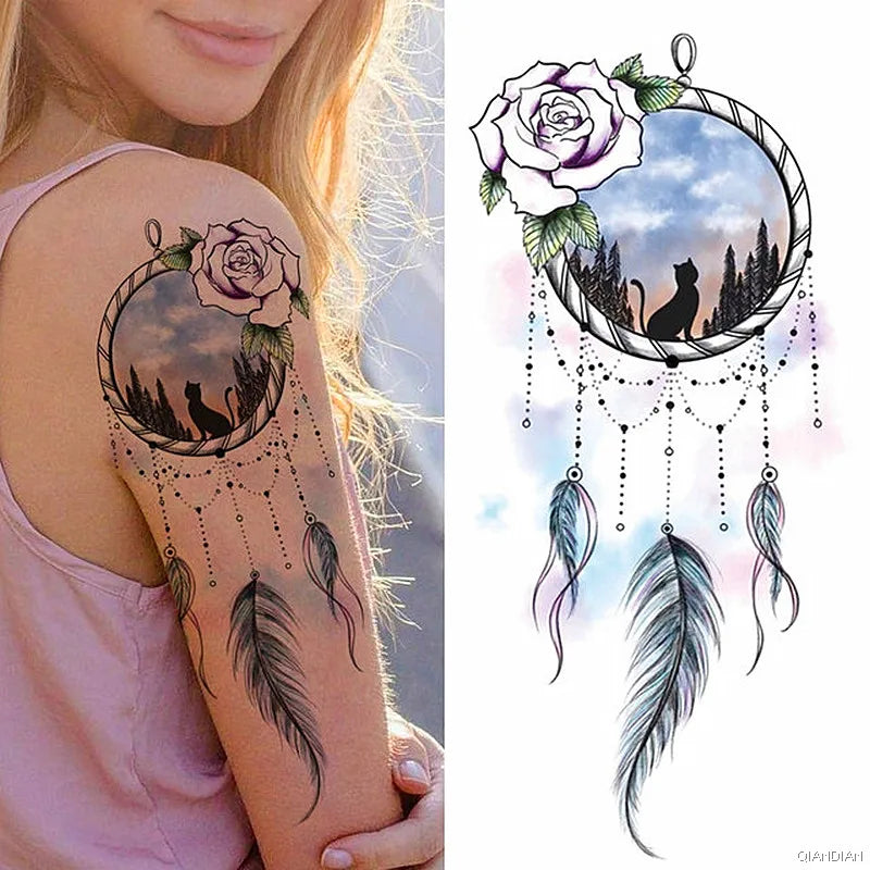 Dospita  -  Sexy Flower Bird Temporary Waterproof Tattoo Sticker Girl Butterfly Dreamcatcher Cross Body Arm Sleeve Chest Fake Totem Women