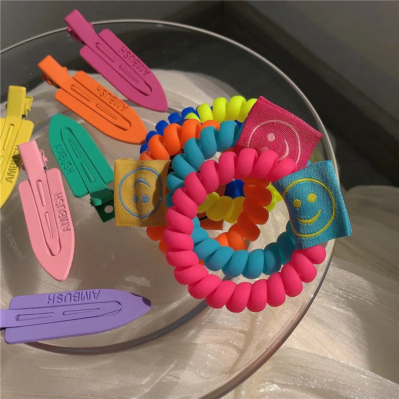 Dospita New Ins Candy Color Hair Ring Telephone Wire Rubber Bands Stretchy Colors Spiral Coil Smiley Ropes For Women Girls Accessories