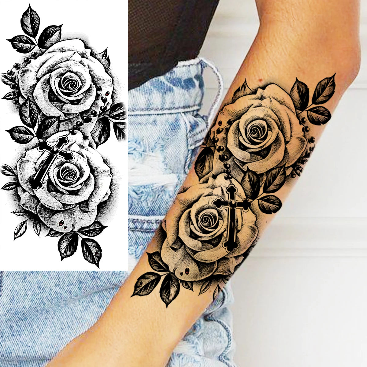 Dospita  -  Black Realistic Rose Flower Temporary Tattoos For Women Adult Girl Peony Realistic Fake Tattoowashable Half Sleeve Tatoos Decal