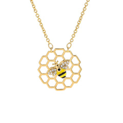 Dospita New Flat Geometric Honeycomb Pendant Necklace for Women Creative Pave Zircon Enamel Little Bee Necklace Friendship Jewelry Gift