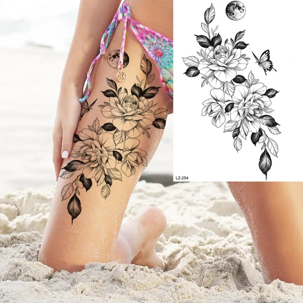 Dospita  -  3D Black Rose Flower Mandala Pendant Temporary Tattoos For Women Adult Lotus Peony Compass Fake Tattoo Sexy Thigh Washable Tatoo