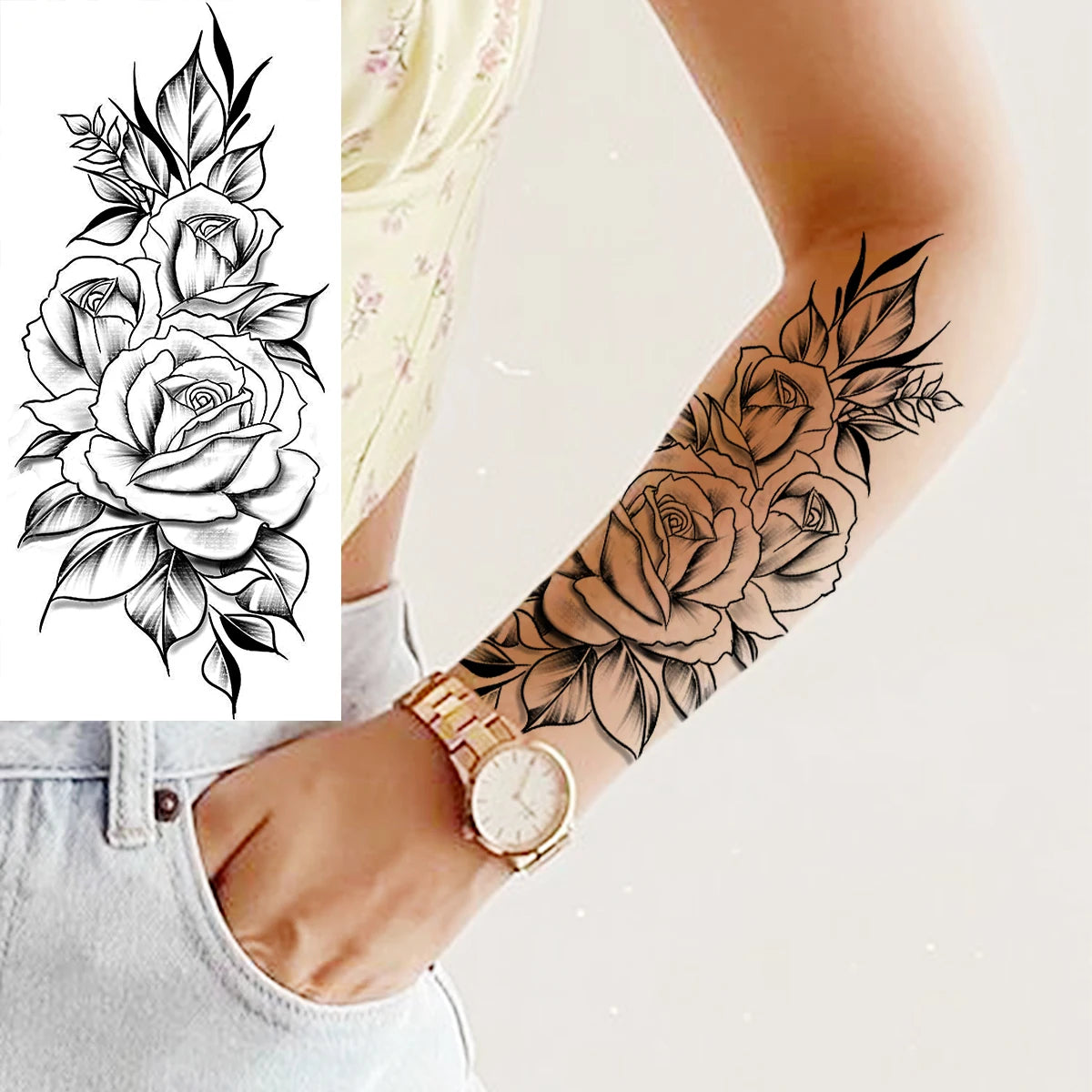 Dospita  -  Black Realistic Rose Flower Temporary Tattoos For Women Adult Girl Peony Realistic Fake Tattoowashable Half Sleeve Tatoos Decal