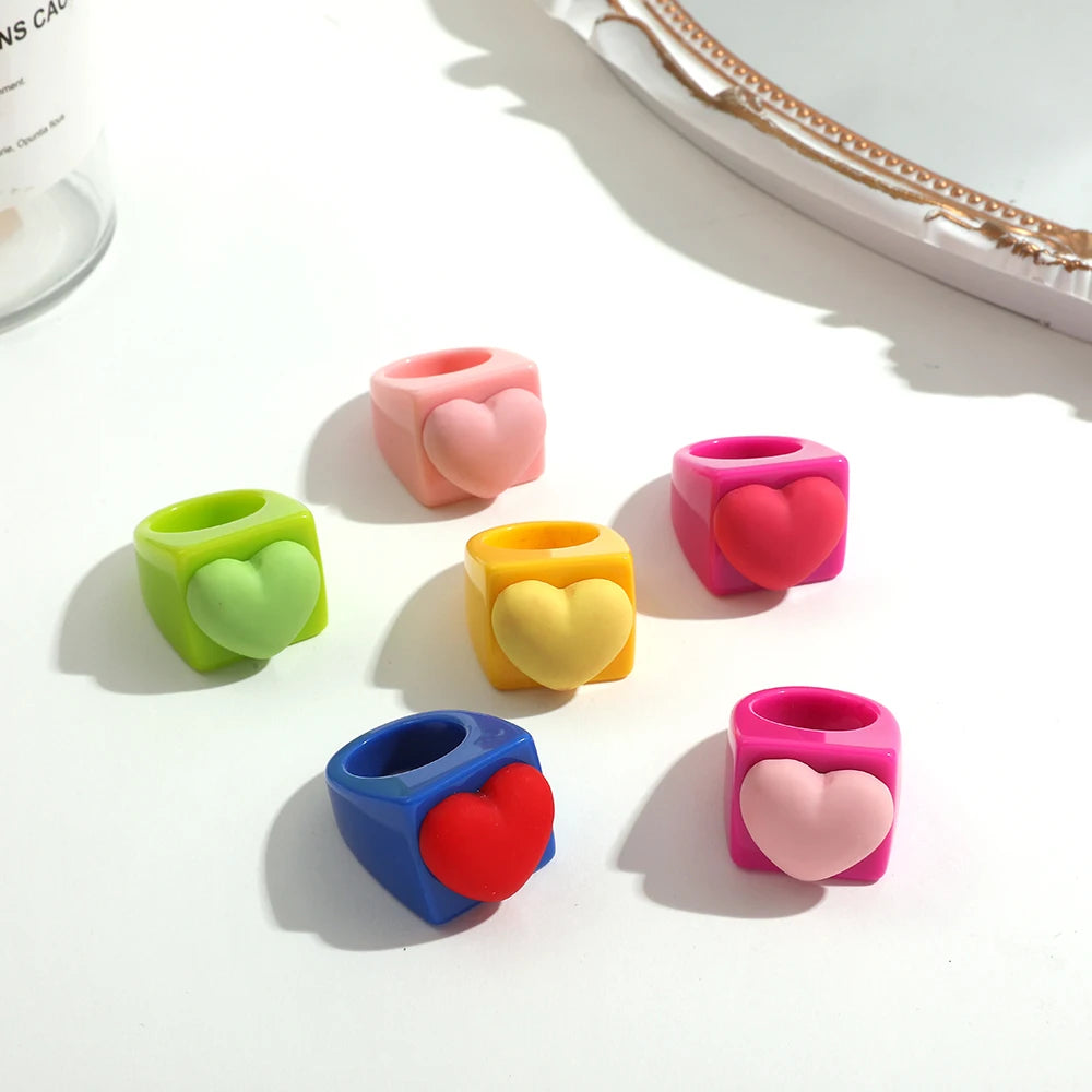 Dospita New Trendy Multicolor Big Chunky Square Resin Acrylic Rings for Women Cute Heart Round Fruits Bead Geometric Rings Party Jewelry