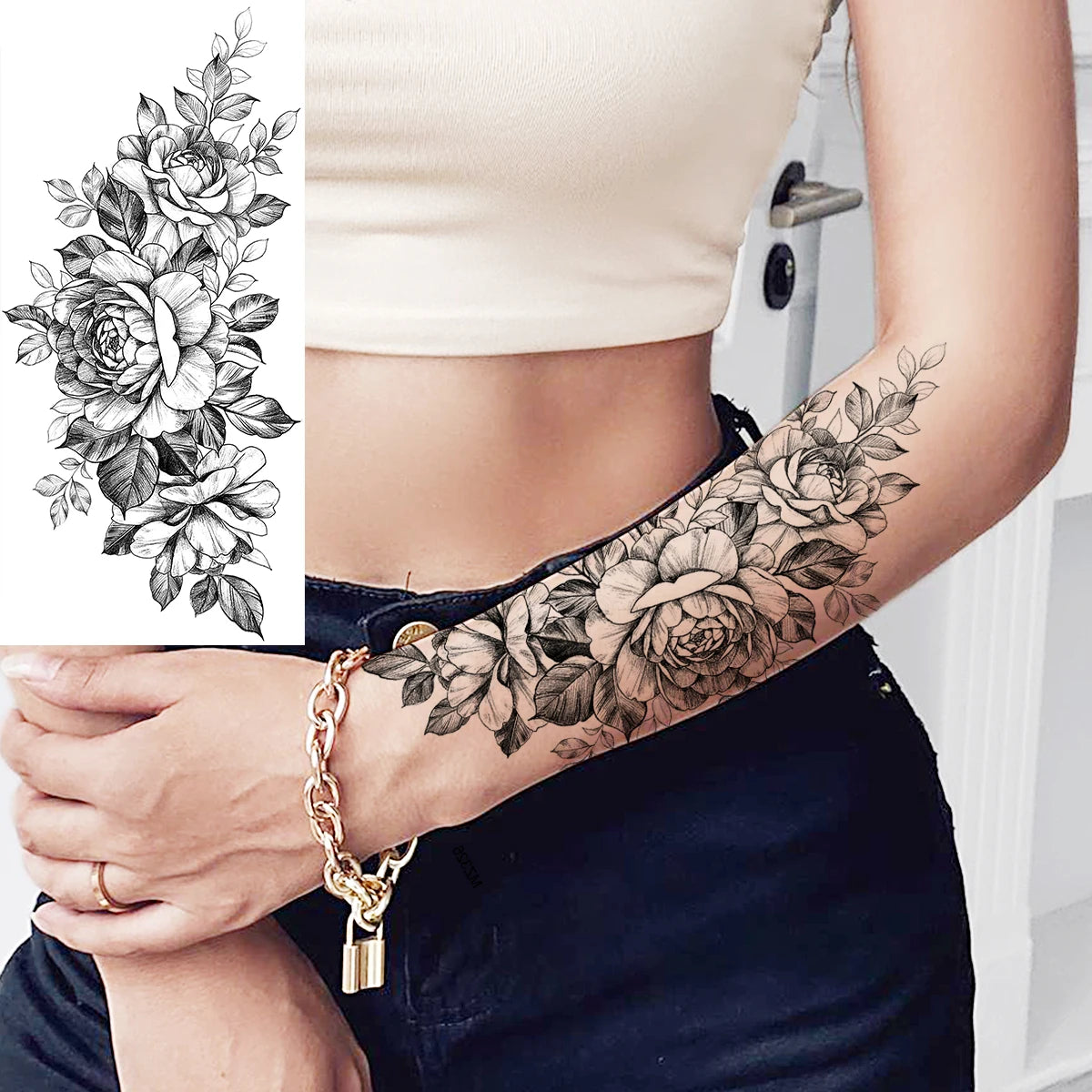 Dospita  -  Black Realistic Rose Flower Temporary Tattoos For Women Adult Girl Peony Realistic Fake Tattoowashable Half Sleeve Tatoos Decal