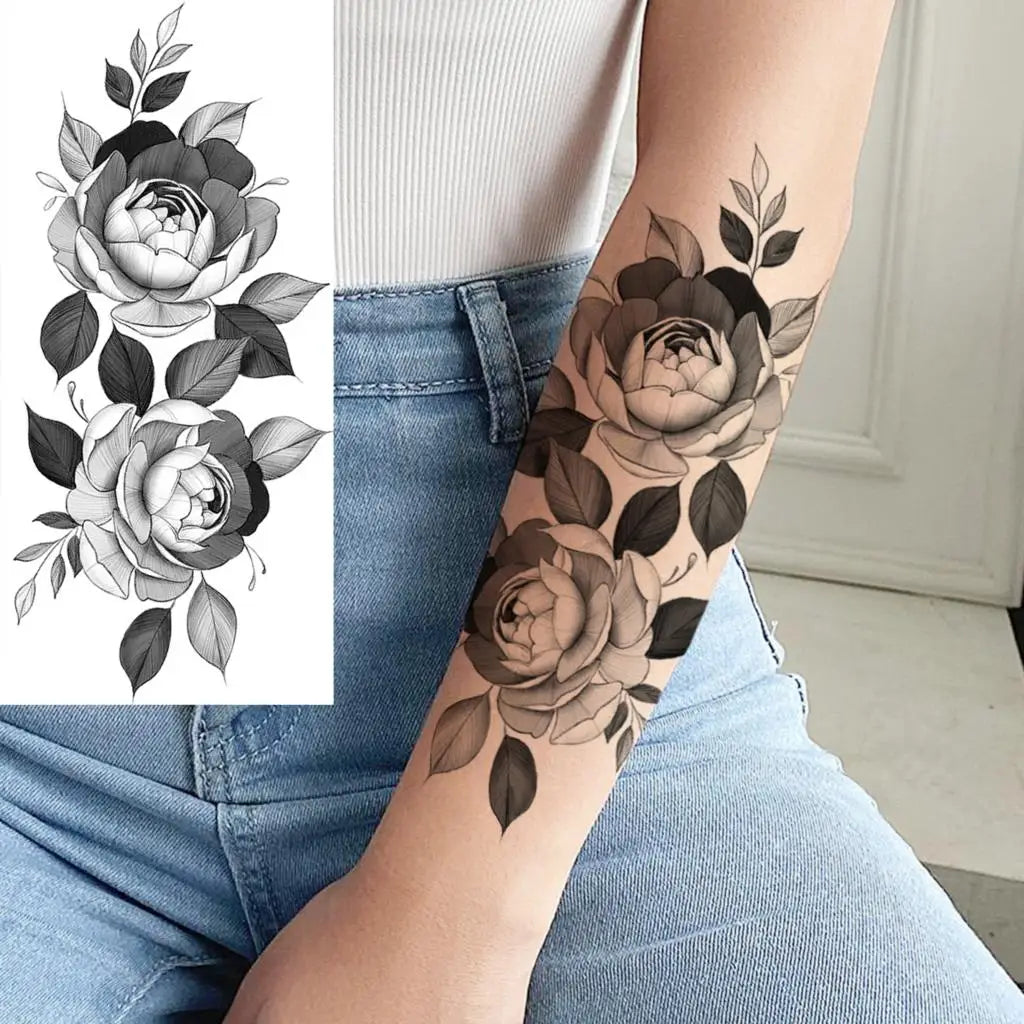 Dospita  -  Black Realistic Rose Flower Temporary Tattoos For Women Adult Girl Peony Realistic Fake Tattoowashable Half Sleeve Tatoos Decal