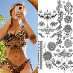 Dospita  -  Black Henna Lotus Pendant Temporary Tattoos For Women Adult DreamCatcher Elephant Fake Tattoo Body Art Underboob Tatoos