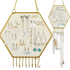 Dospita Durable Hexagon Hanging Earring Stud Wall Mounted Jewelry Organizer Decorative Diamond Grid Shape w/ Hooks for Necklaces