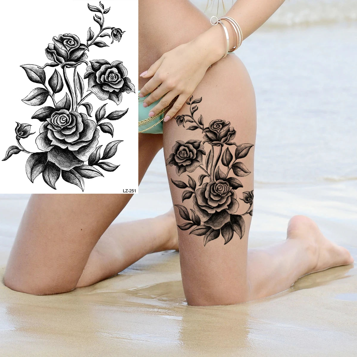 Dospita  -  3D Black Rose Flower Mandala Pendant Temporary Tattoos For Women Adult Lotus Peony Compass Fake Tattoo Sexy Thigh Washable Tatoo