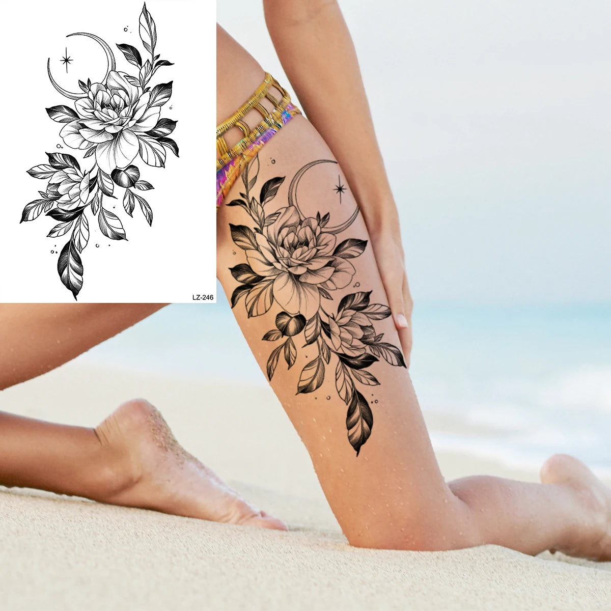 Dospita  -  3D Black Rose Flower Mandala Pendant Temporary Tattoos For Women Adult Lotus Peony Compass Fake Tattoo Sexy Thigh Washable Tatoo