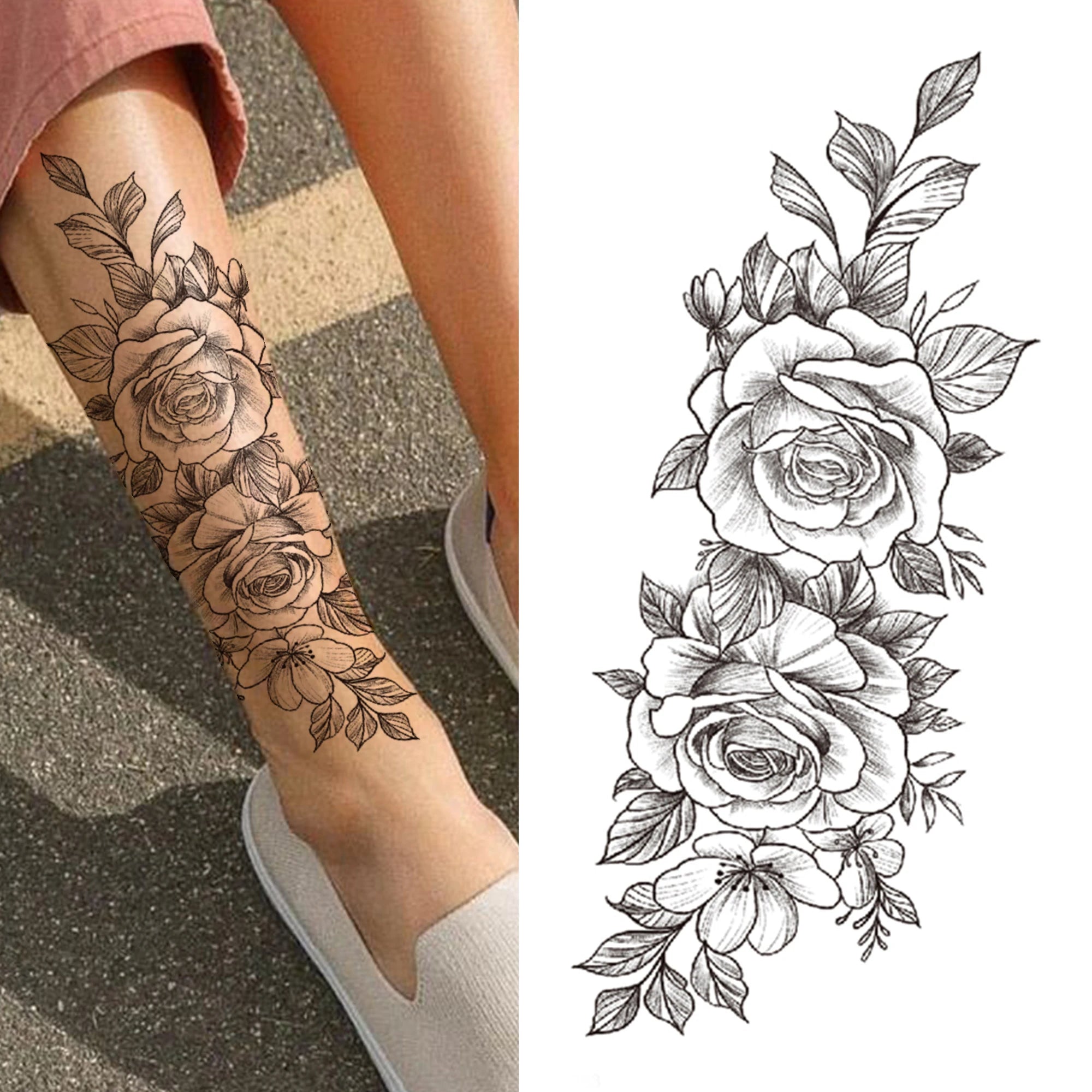 Dospita  -  Black 3D Rose Temporary Tattoo For Women Girls Adult Peony Dahlia Flower Tattoos Sticker Black Flora Glory Geometric Arm Tatoos