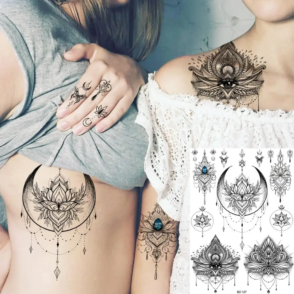 Dospita  -  Black Henna Lotus Pendant Temporary Tattoos For Women Adult DreamCatcher Elephant Fake Tattoo Body Art Underboob Tatoos