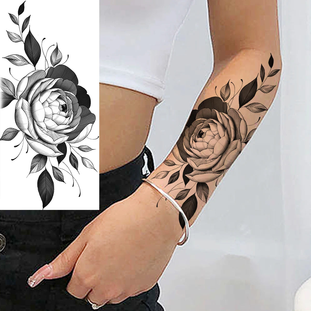 Dospita  -  Black Realistic Rose Flower Temporary Tattoos For Women Adult Girl Peony Realistic Fake Tattoowashable Half Sleeve Tatoos Decal