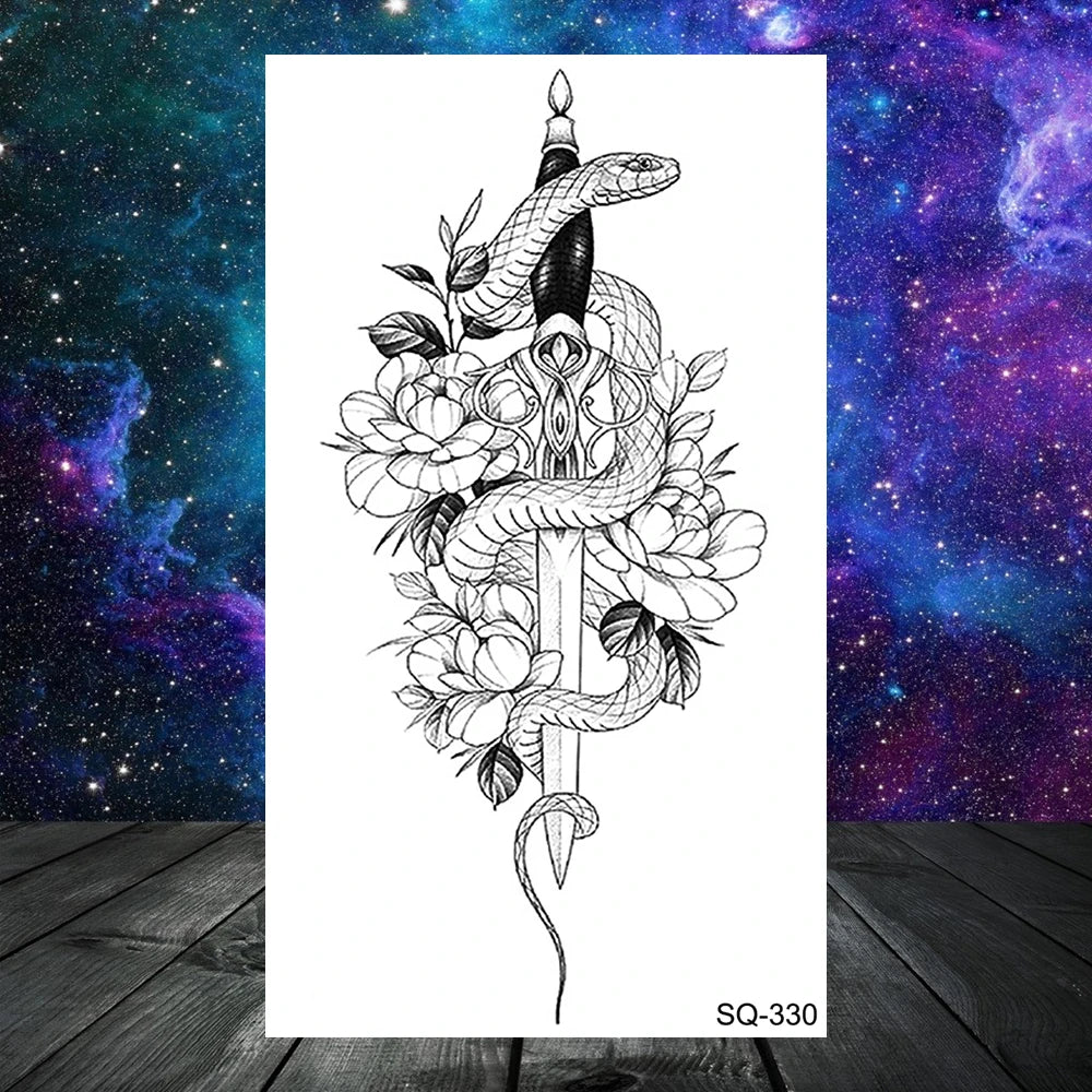 Dospita  -  3D Realistic Snake Moon Temporary Tattoos For Women Adult Men Kids Rose Flower Skull Wolf Fake Tattoo Neck Arm Hands Small Tatoo