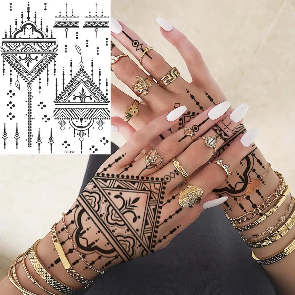 Dospita  -  Black Henna Lotus Pendant Temporary Tattoos For Women Adult DreamCatcher Elephant Fake Tattoo Body Art Underboob Tatoos