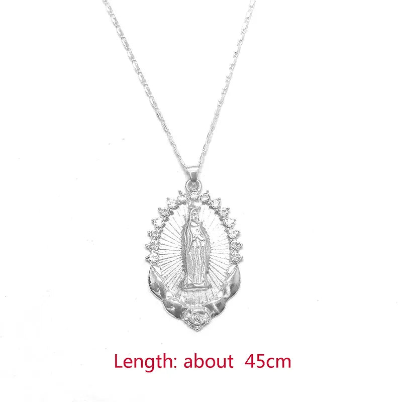 Dospita Holy Virgin Mary Pendant Necklace Religion Dainty Golden Christian Cubic Zircon Necklace Women Collier Femme Christian Jewelry