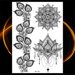 Dospita  -  Black Henna Lotus Pendant Temporary Tattoos For Women Adult DreamCatcher Elephant Fake Tattoo Body Art Underboob Tatoos