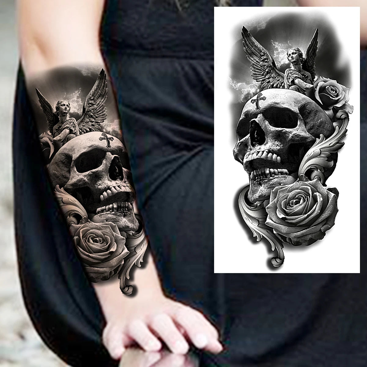 Dospita  -  Black Forest Temporary Tattoos For Women Men Realistic Clown Mask Skull Dahlia Fake Tattoo Sticker Forearm Leg Tatoos Hot Sale