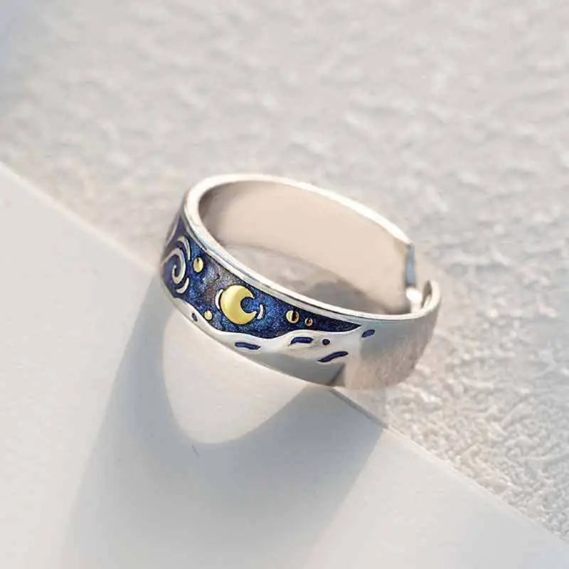 Dospita  -  2Pcs S925 Silver Plated Van Gogh Blue Starry Sky Open Lover Rings Band Love Forever Ring Set Romantic Jewelry