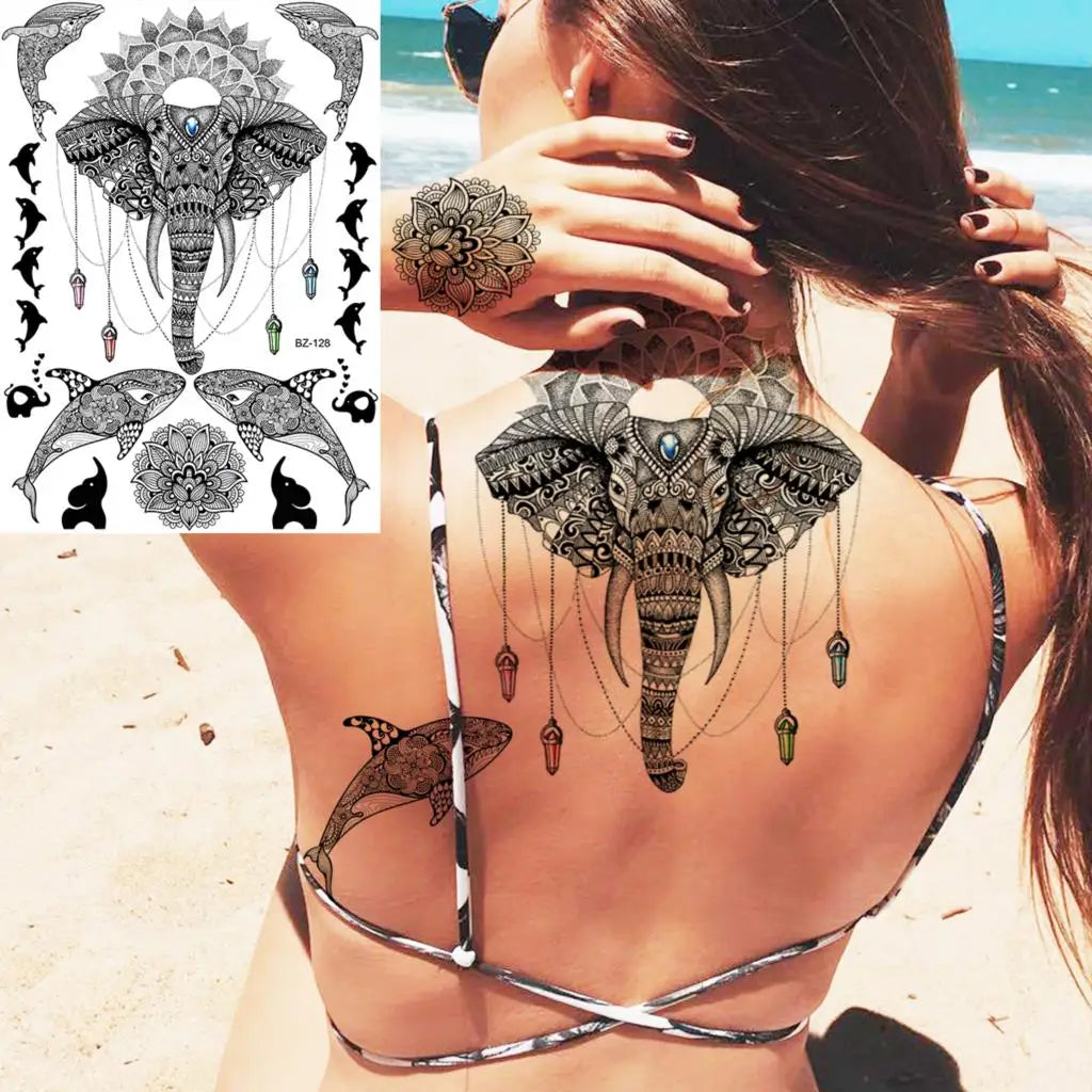 Dospita  -  Black Henna Lotus Pendant Temporary Tattoos For Women Adult DreamCatcher Elephant Fake Tattoo Body Art Underboob Tatoos