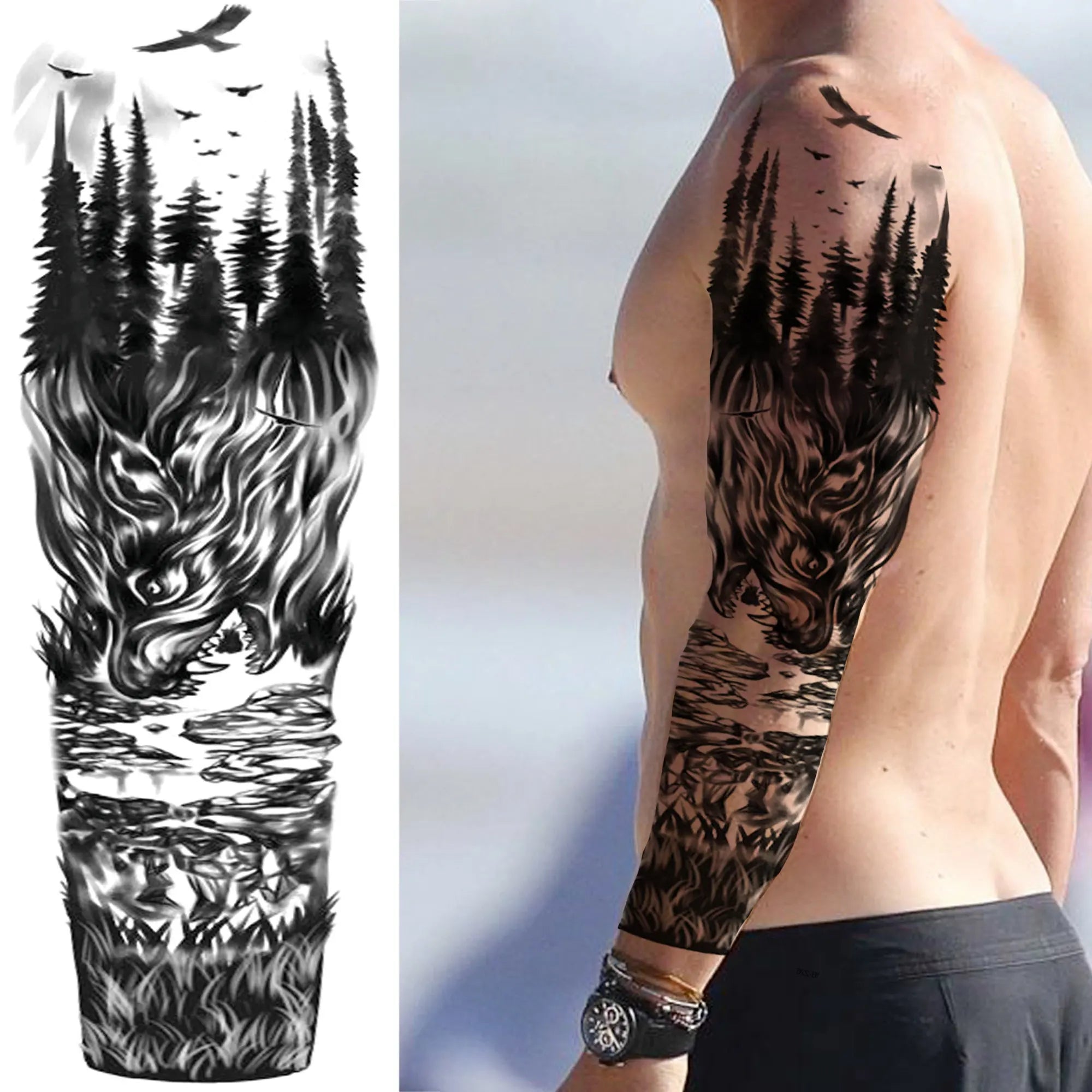 Dospita  -  Black Forest Wolf Temporary Tattoos Sleeve For Men Women Fake Soldier Compass Eye Tattoo Sticker Full Arm Washable Tatoos Sets