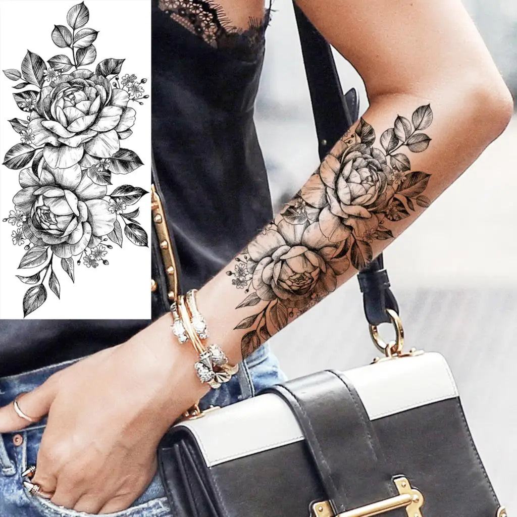 Dospita  -  Black Realistic Rose Flower Temporary Tattoos For Women Adult Girl Peony Realistic Fake Tattoowashable Half Sleeve Tatoos Decal