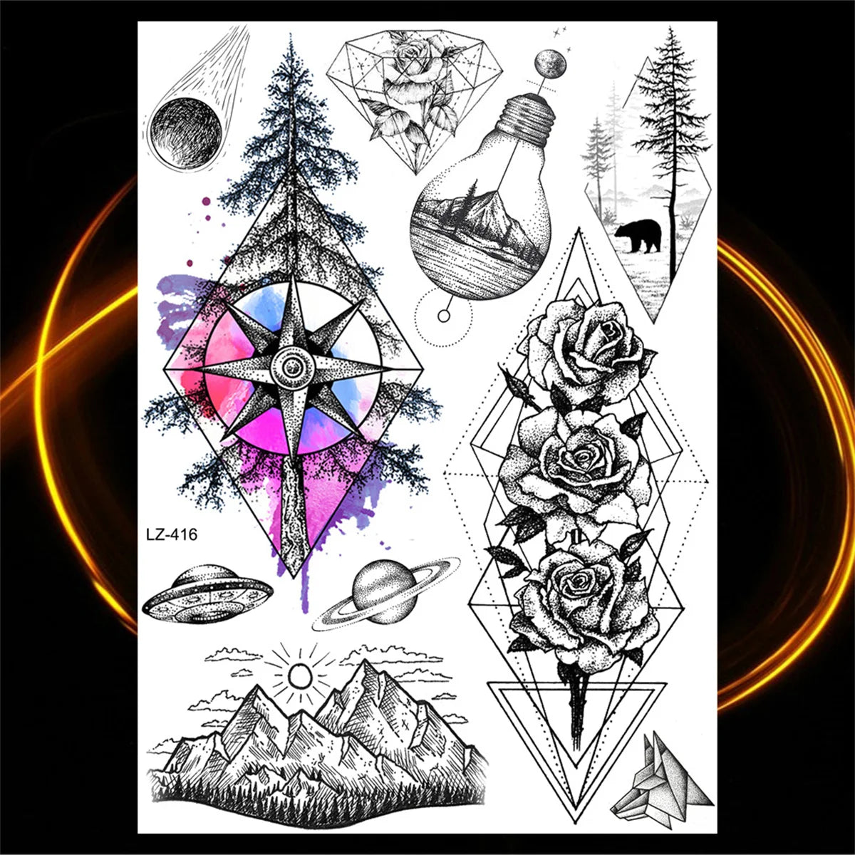 Dospita  -  3D Black Rose Flower Mandala Pendant Temporary Tattoos For Women Adult Lotus Peony Compass Fake Tattoo Sexy Thigh Washable Tatoo