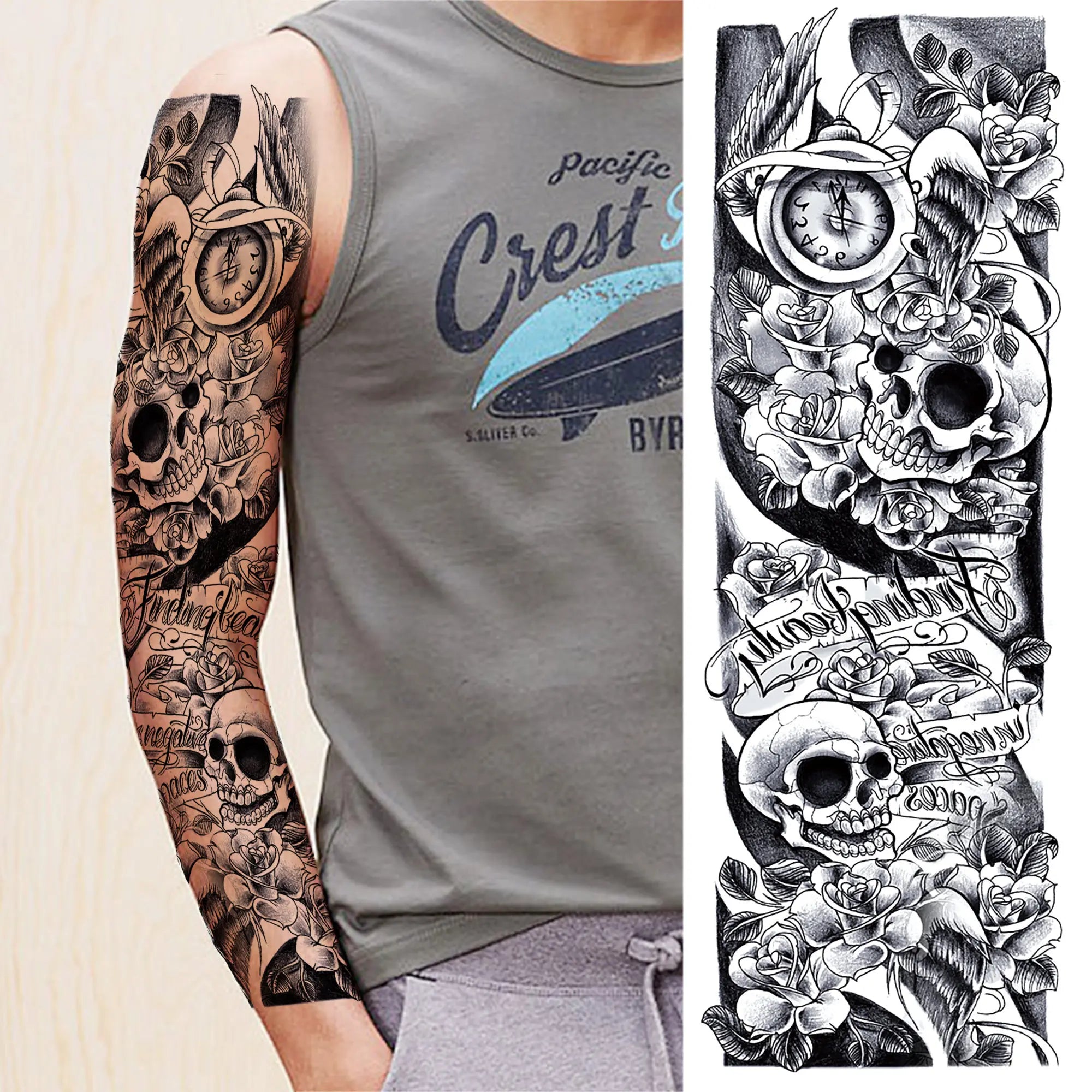 Dospita  -  Black Forest Wolf Temporary Tattoos Sleeve For Men Women Fake Soldier Compass Eye Tattoo Sticker Full Arm Washable Tatoos Sets