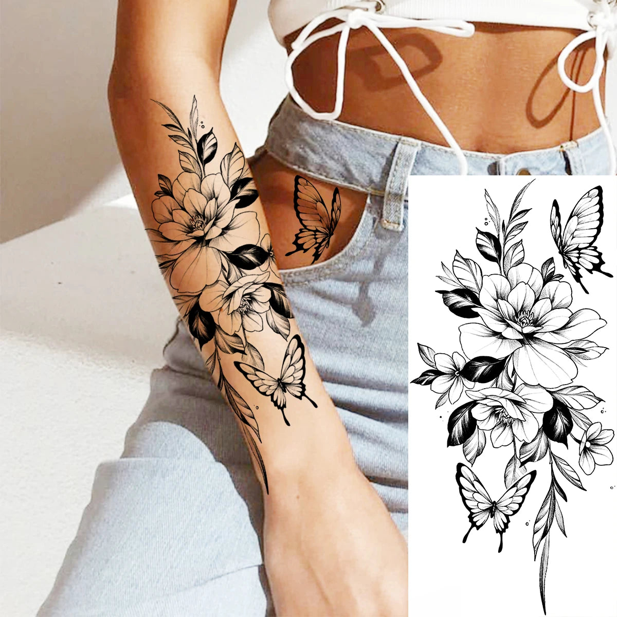 Dospita  -  Black Realistic Rose Flower Temporary Tattoos For Women Adult Girl Peony Realistic Fake Tattoowashable Half Sleeve Tatoos Decal