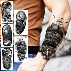 Dospita  -  Black Pirate Ship Temporary Tattoos For Women Men Realistic Lion Vampire Compass Flower Fake Tattoo Sticker Forearm Tatoos DIY