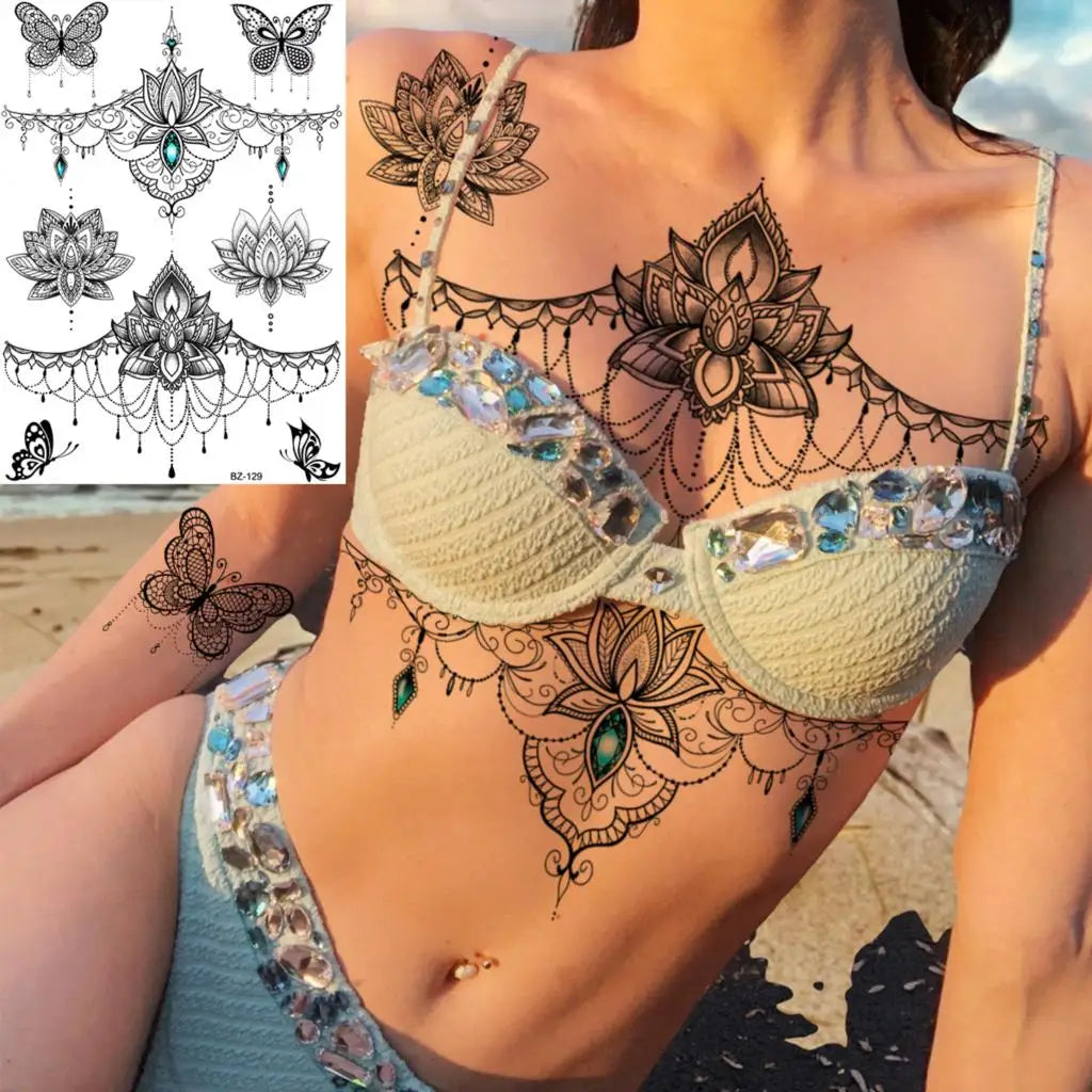 Dospita  -  Black Henna Lotus Pendant Temporary Tattoos For Women Adult DreamCatcher Elephant Fake Tattoo Body Art Underboob Tatoos